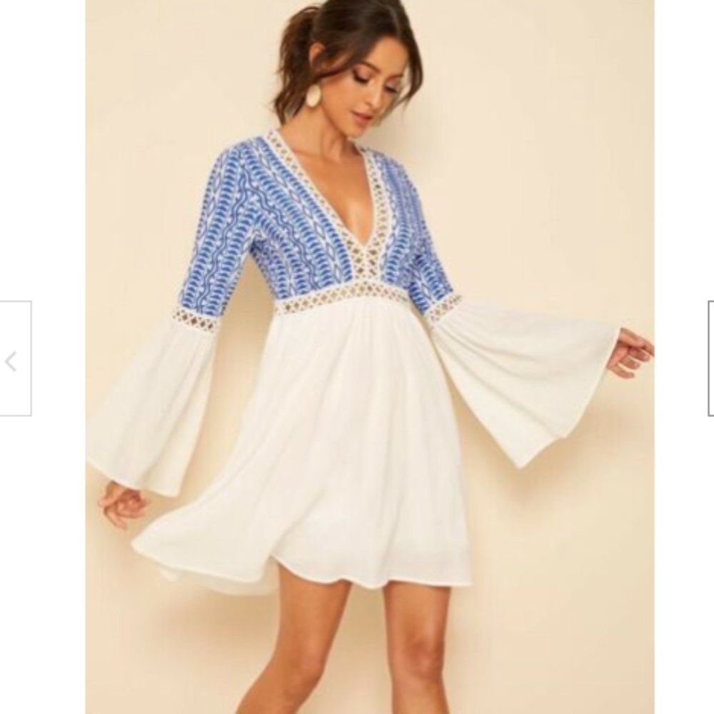 Women Tribal Print Long Dress Bell Sleeve Dress Sm